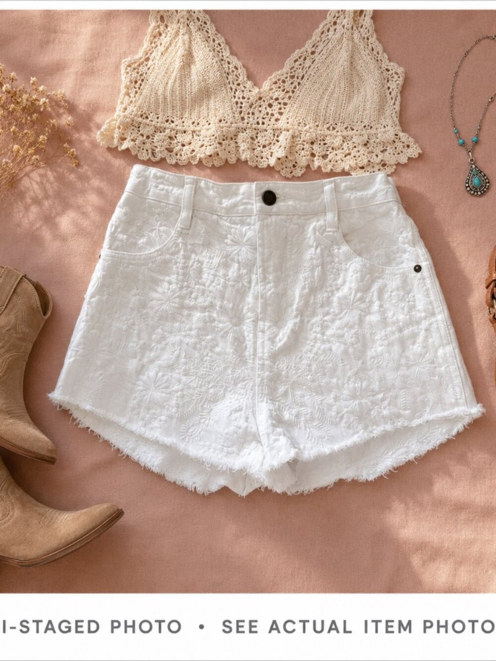 Free People White Floral Embroidered Denim Shorts Size 25 Boho Festival